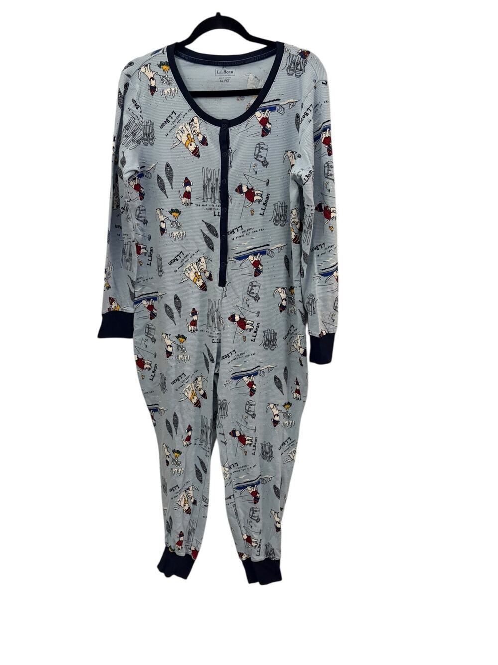 LL Bean Womans 1Piece Union Suit Pajama Skiing Dog Christmas Preppy 98% Cotton